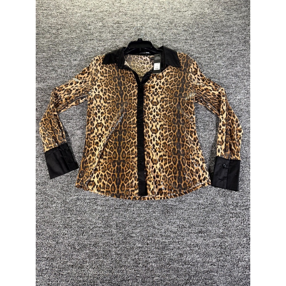 Fashion Nova Gianna Shirt Womens XS Multi Cotton Stretch Leopard Print Sequin